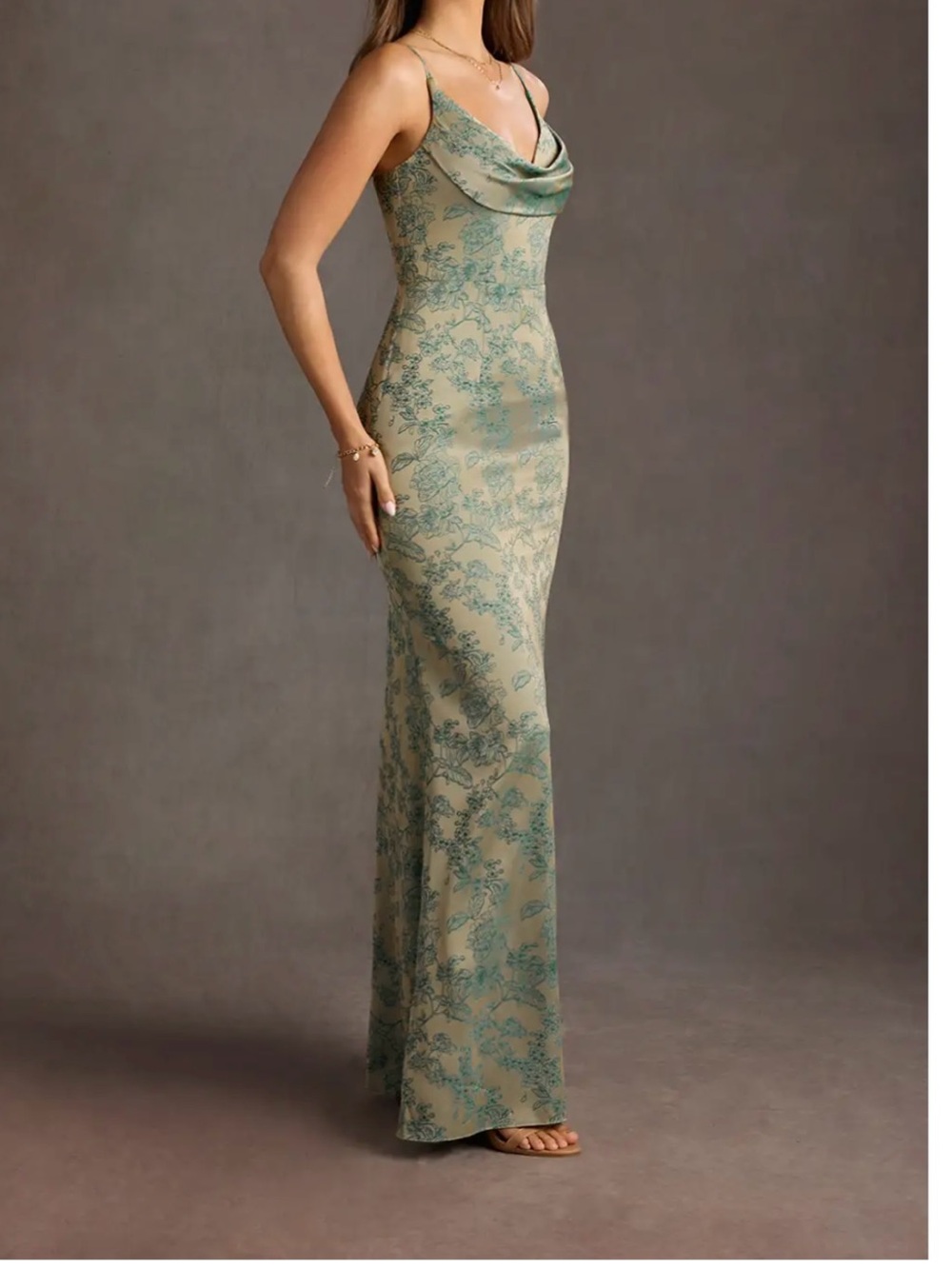 Azazie Sage Green Floral Cowl Neck Maxi Dress